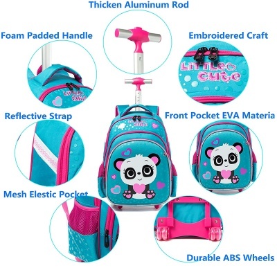 Mochila escolar azul e rosa com desenho de panda e alça e rodinhas