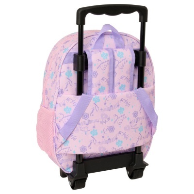 Mochila de carrinho cor de rosa com padrão floral azul e musical, rodas pretas e alças lilás