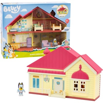 Casa de brincar infantil azul e amarela da Bluey com figura e embalagem
