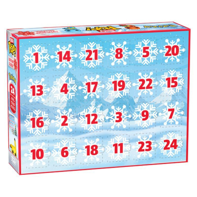 Caixa de calendário do advento azul com números vermelhos e flocos de neve brancos