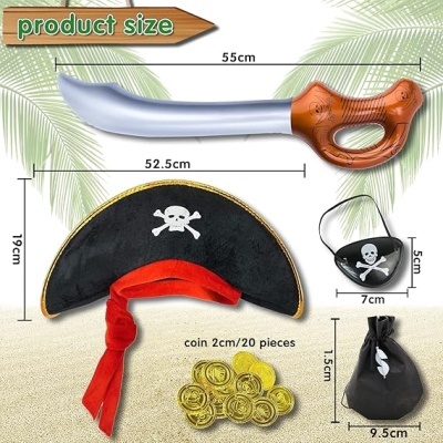 Conjunto de brinquedo de pirata com espada, chapéu, tapa-olho, saco e moedas.