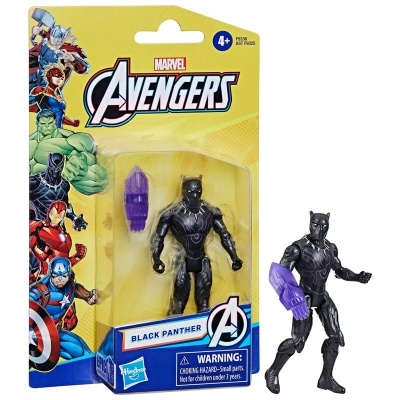 Figura de ação Marvel Black Panther com acessório roxo na embalagem amarela dos Avengers