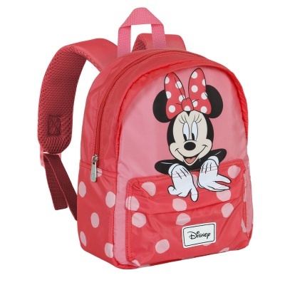 Mochila infantil vermelha com estampa da Minnie Mouse e bolinhas brancas
