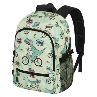 Mochila de padrão de dinossauros azuis a andar de bicicleta com texto e alças acolchoadas pretas