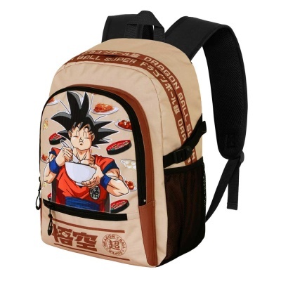 Mochila bege com estampa do personagem Goku do Dragon Ball e padrões de sushi