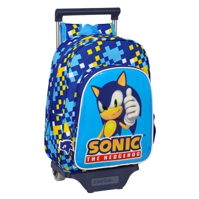 Mochila azul com imagem do Sonic e padrão de quadrados pixelados.