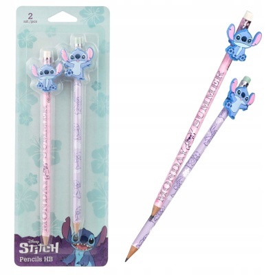 Dois lápis HB Disney Stitch lilás e rosa com decorações e personagens em borracha na embalagem azul clara