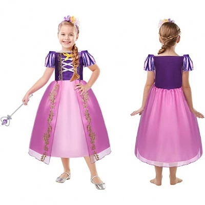 Vestido de fantasia infantil rosa e roxo com varinha mágica
