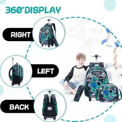 Conjunto escolar com mochila de carrinho, estojo e lancheira coloridos