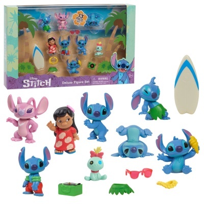 Conjunto de figuras Disney Stitch com várias personagens e acessórios em caixa colorida