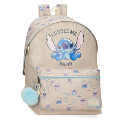 Mochila bege com design do Stitch e pompom azul