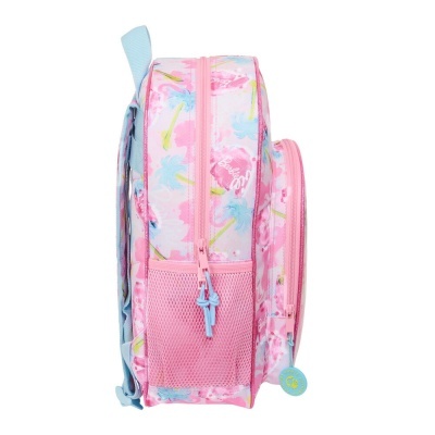 Mochila rosa com padrão de palmeiras e bolso lateral em malha