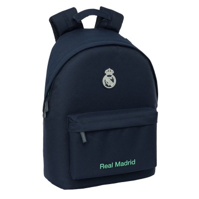 Mochila azul escura Real Madrid com logo e texto verde claro