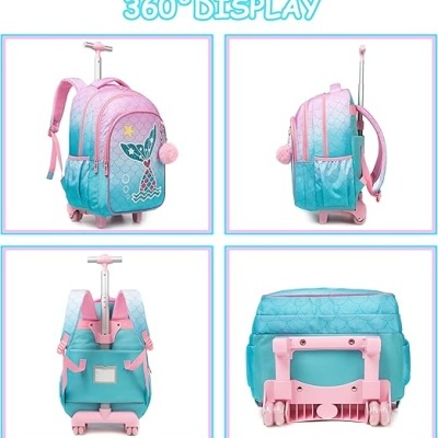 Mochila azul e rosa com rodas, puxador e padrão de cauda de sereia