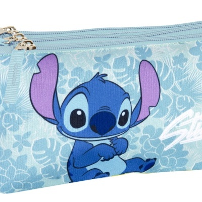 Estojo de lápis azul claro com personagem Stitch e padrão floral