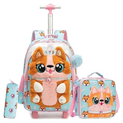 Mochila de carrinho, lancheira e estojo azul claro com padrão de cães cor de laranja e pelúcia frontal de cão