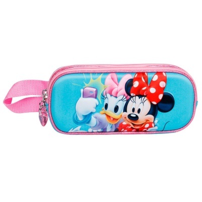Estojo escolar azul e rosa com imagens de Daisy Duck e Minnie Mouse