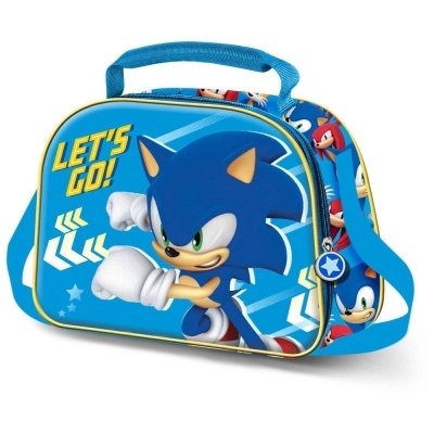 Mala azul com personagem Sonic e texto LET'S GO