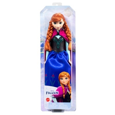 Boneca Ana Disney Frozen com vestido azul e capa rosa na embalagem