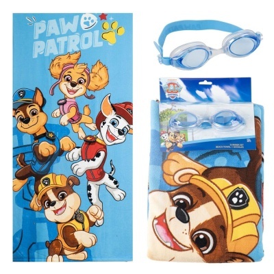 Conjunto infantil para praia Paw Patrol com toalha azul e óculos de natação azuis.