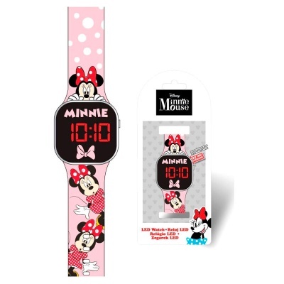 Relógio digital LED Disney Minnie Mouse com bracelete rosa e mostrador preto.