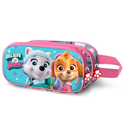 Estojo escolar rosa e azul com personagens da Paw Patrol e textos motivacionais.