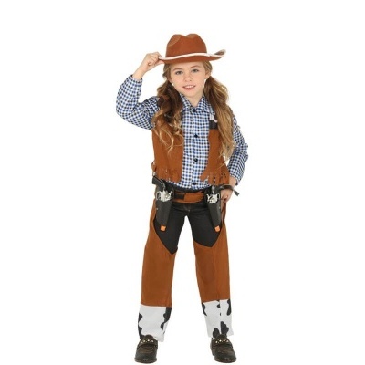 Criança com fato de cowboy castanho, preto e azul