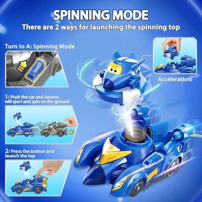 Brinquedo carrinho azul com avião giratório e instruções em inglês sobre modo SPINNING MODE