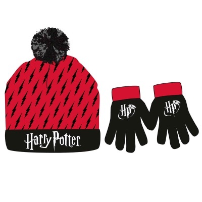 Gorro e luvas temáticos de Harry Potter em vermelho, preto e branco