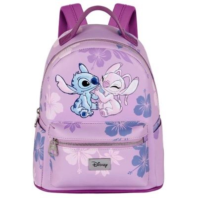 Mochila lilás com personagens Stitch e Angel da Disney e flores roxas