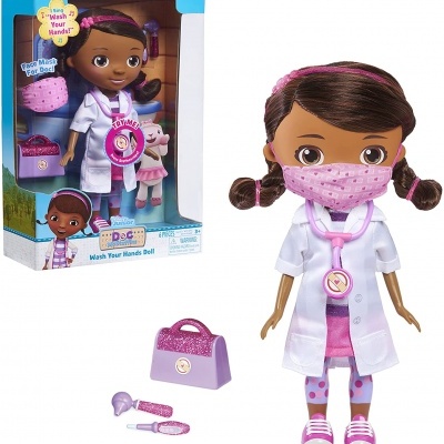 Boneca médica Dra. Brinquedos com bata branca, máscara e acessórios de saúde, caixa azul e lilás