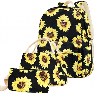 Conjunto de mochila, bolsa e estojo com padrão de girassóis amarelos
