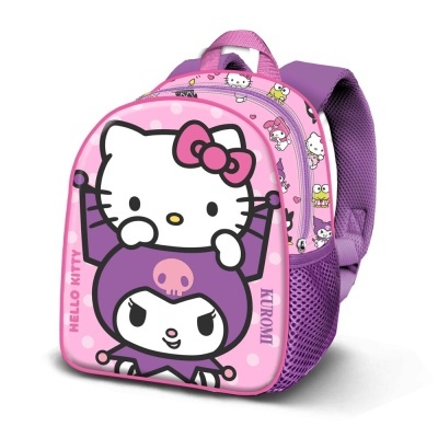 Mochila infantil rosa e roxa com personagens Hello Kitty e Kuromi