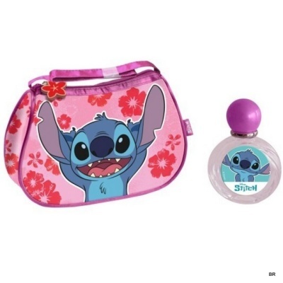 Conjunto bolsa e perfume com personagem Stitch azul e bolsa rosa com flores vermelhas