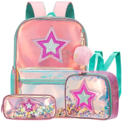Mochila cor-de-rosa brilhante com estrela, estojo e bolsa combinando com glitter e pompom