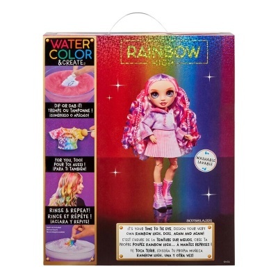 Embalagem de boneca Rainbow High com fundo colorido holográfico