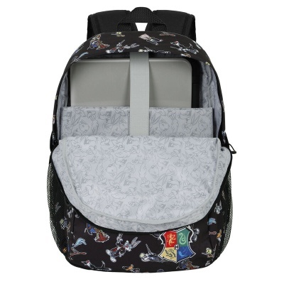 mochila preta com padrão Harry Potter e compartimento para laptop cinzento