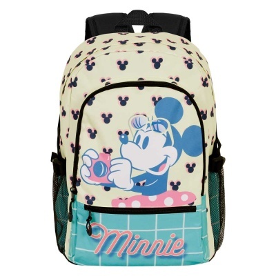 mochila bege com estampa da Minnie azul e padrão xadrez azul no bolso