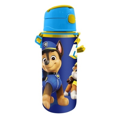 Garrafa térmica azul com personagens de cães animados e corda amarela