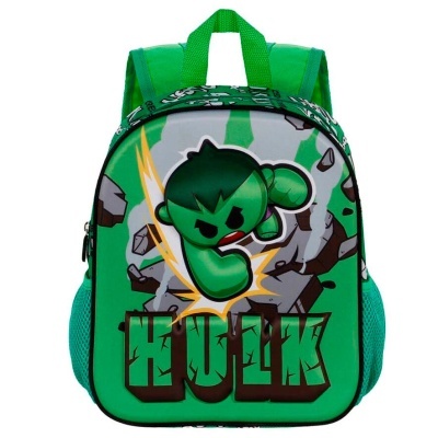 Mochila verde com estampa do Hulk em estilo cartoon e texto HULK na frente
