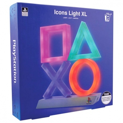 Embalagem azul com lamparina Playstation Icons Light XL com símbolos coloridos do controlo