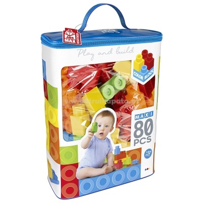 Embalagem de brinquedo blocos de montar coloridos com imagem de bebé e texto promocional.