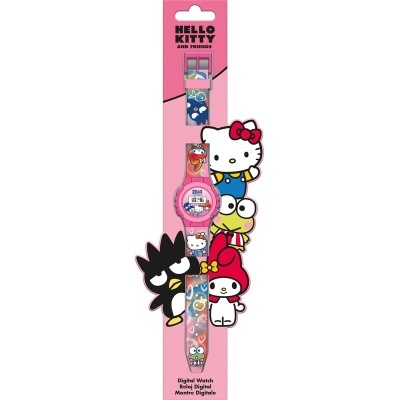 Relógio digital infantil Hello Kitty com pulseira rosa e embalagem rosa