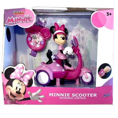 Brinquedo Minnie Scooter rosa e lilás com figura da Minnie Mouse na embalagem
