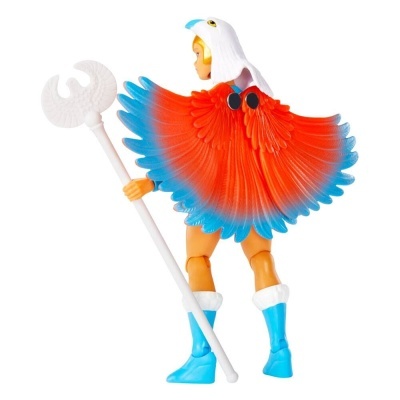 Figura de ação com asas de pássaro vermelhas e azuis e capacete branco