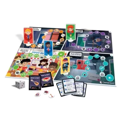 Jogo de tabuleiro educativo com personagens e cartas coloridas