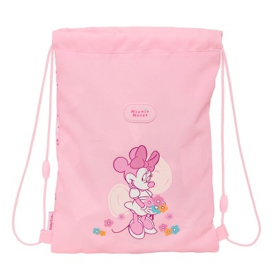 Mochila saco cor-de-rosa com desenho de Minnie Mouse e flores coloridas