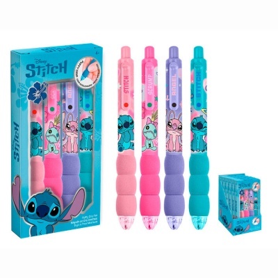 Conjunto de quatro esferográficas Disney Stitch com punho acolchoado e embalagem azul