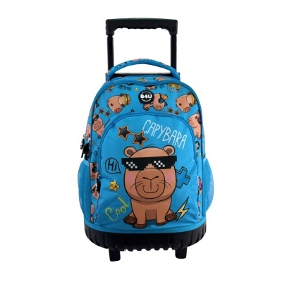 Mochila azul com estampa de capivara divertida e rodas