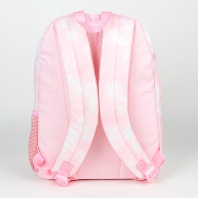 Mochila rosa claro vista de costas com alças acolchoadas e bolso lateral em rede